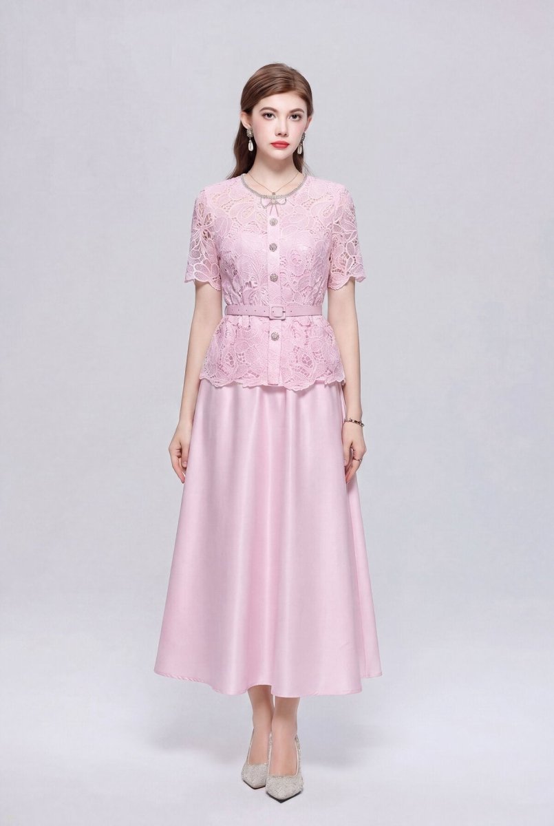 Lace Peplum Maxi Dress with Rhinestone Bow and Jewel Buttons