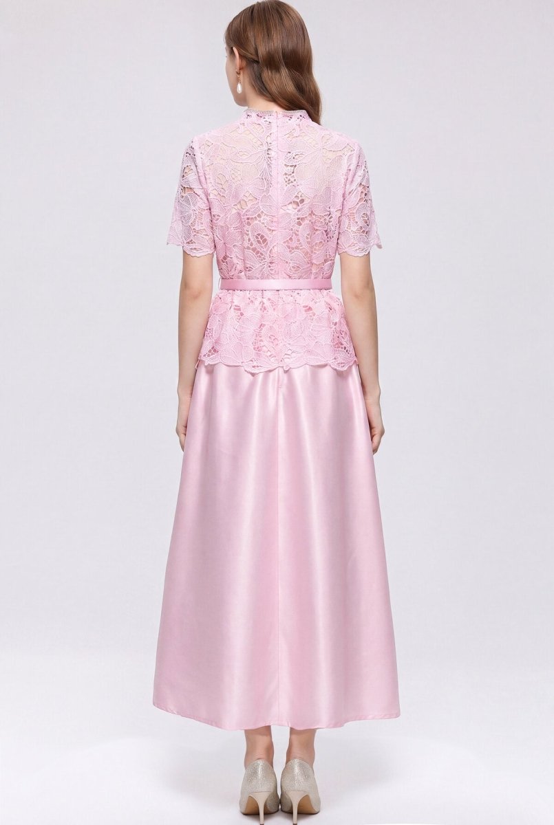 Lace Peplum Maxi Dress with Rhinestone Bow and Jewel Buttons