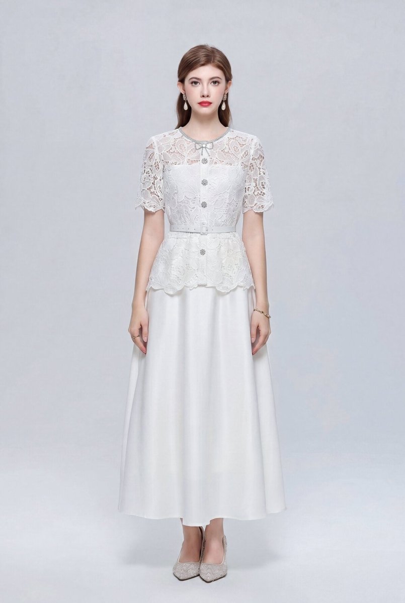 Lace Peplum Maxi Dress with Rhinestone Bow and Jewel Buttons