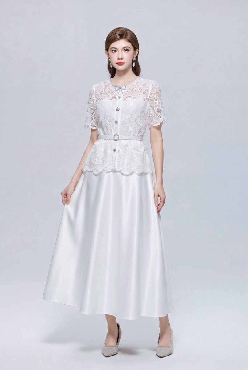 Lace Peplum Maxi Dress with Rhinestone Bow and Jewel Buttons