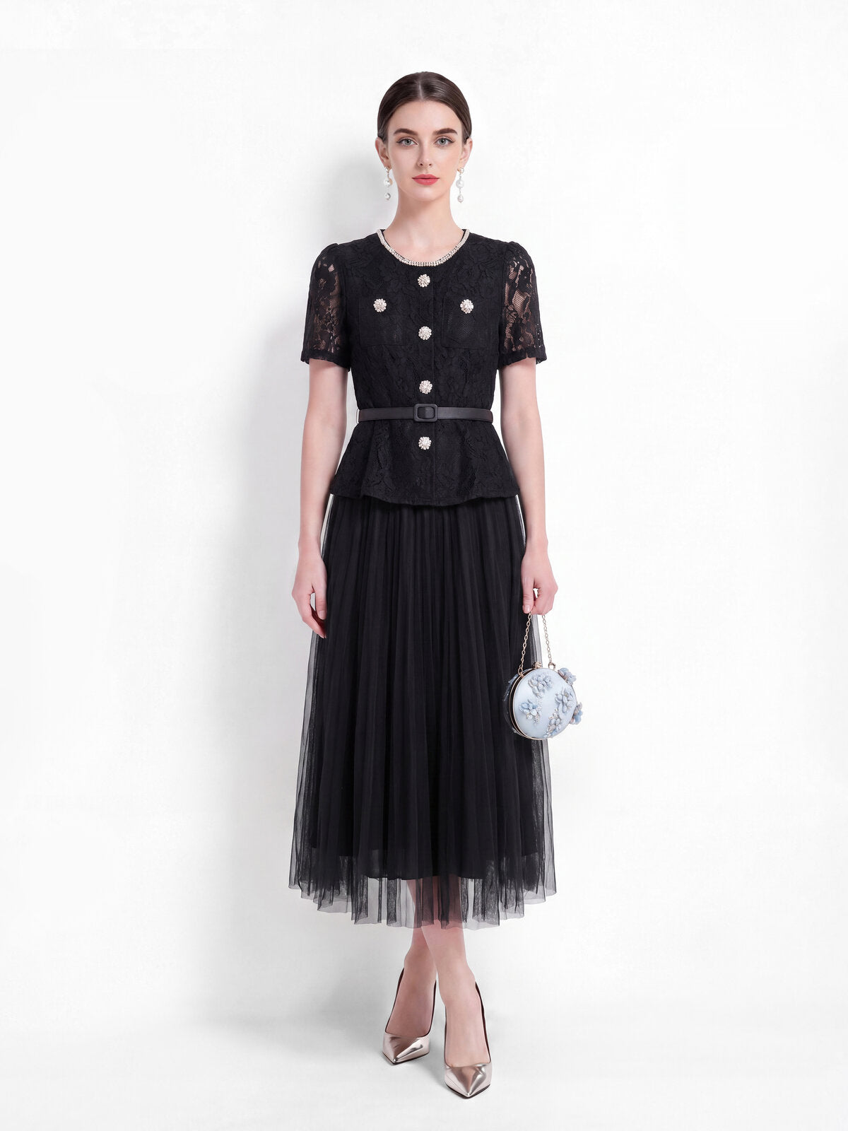 Lace Peplum Tulle Midi Dress