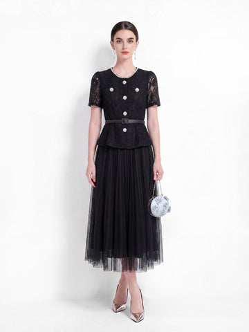 Lace Peplum Tulle Midi Dress