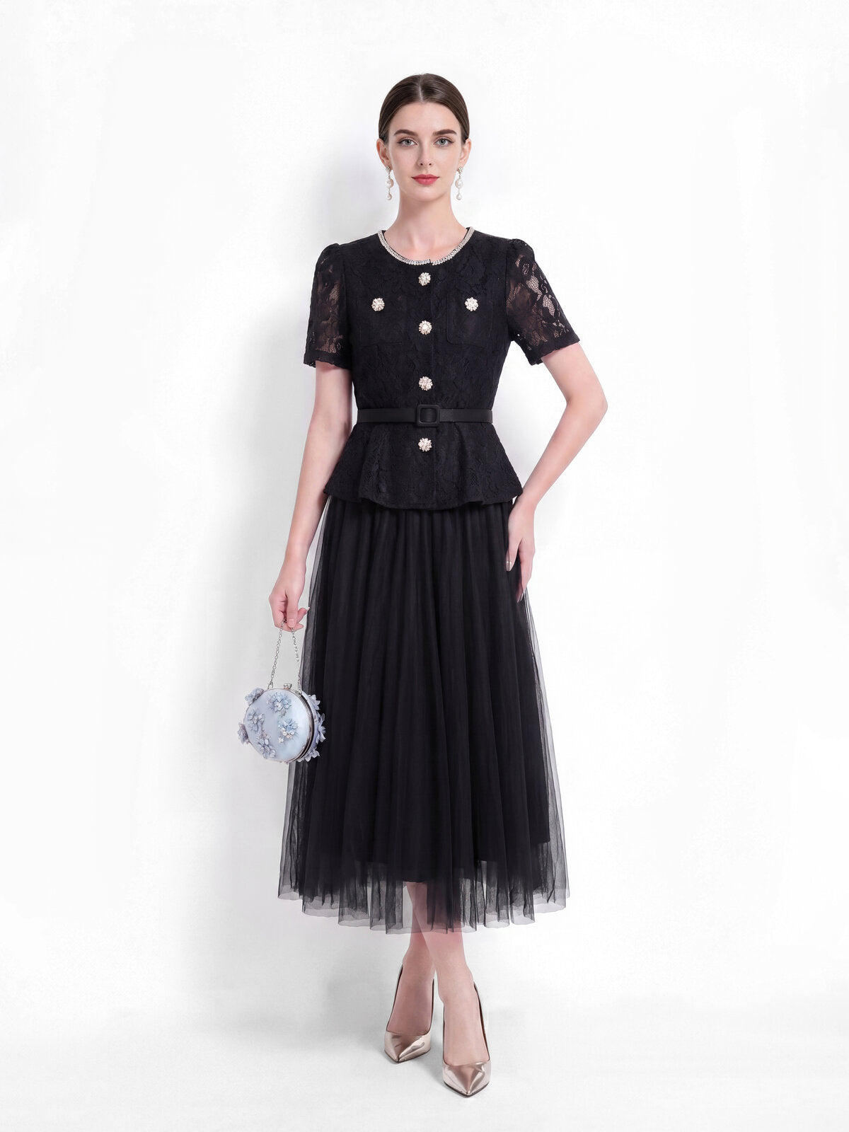 Lace Peplum Tulle Midi Dress