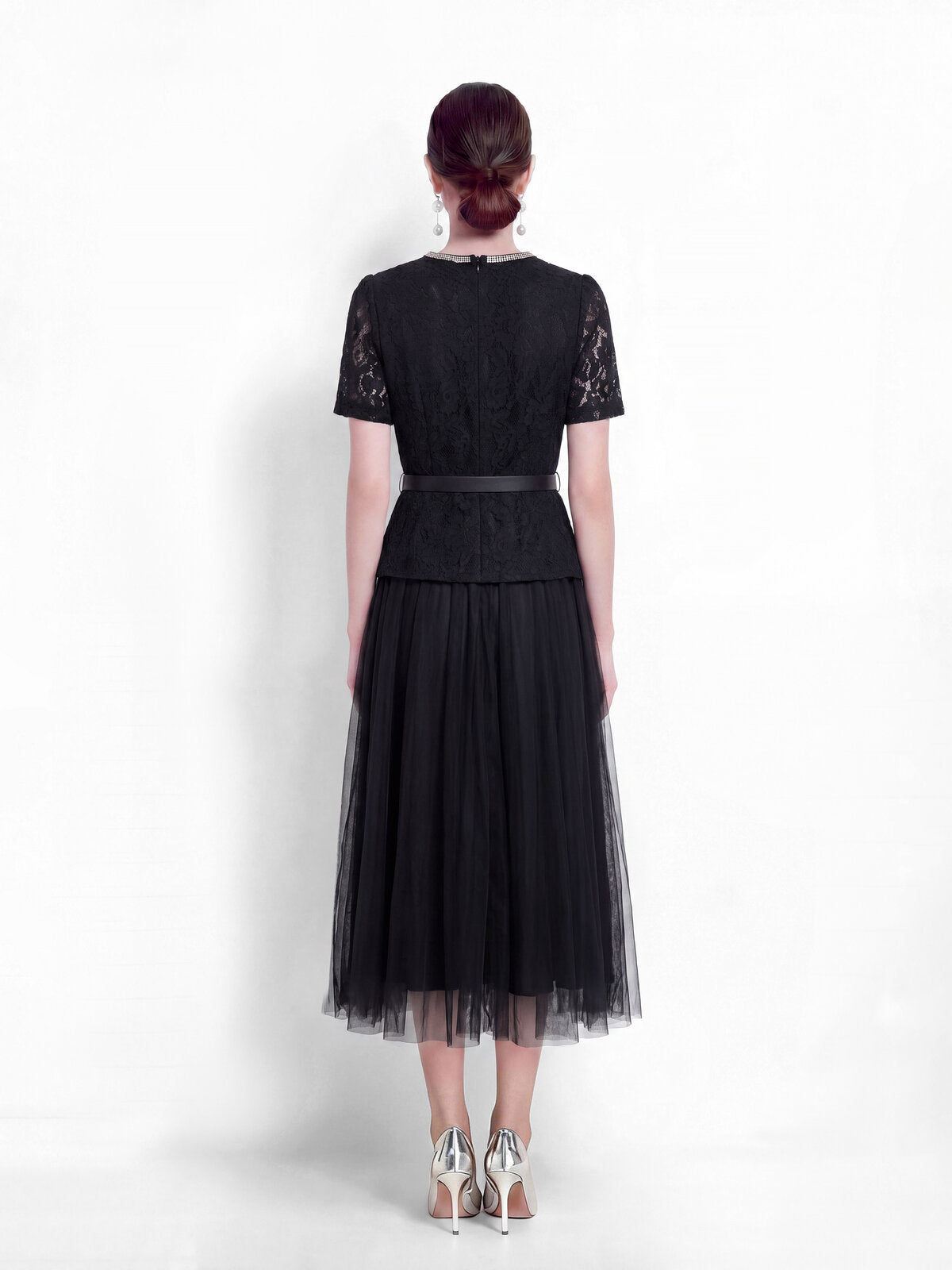 Lace Peplum Tulle Midi Dress