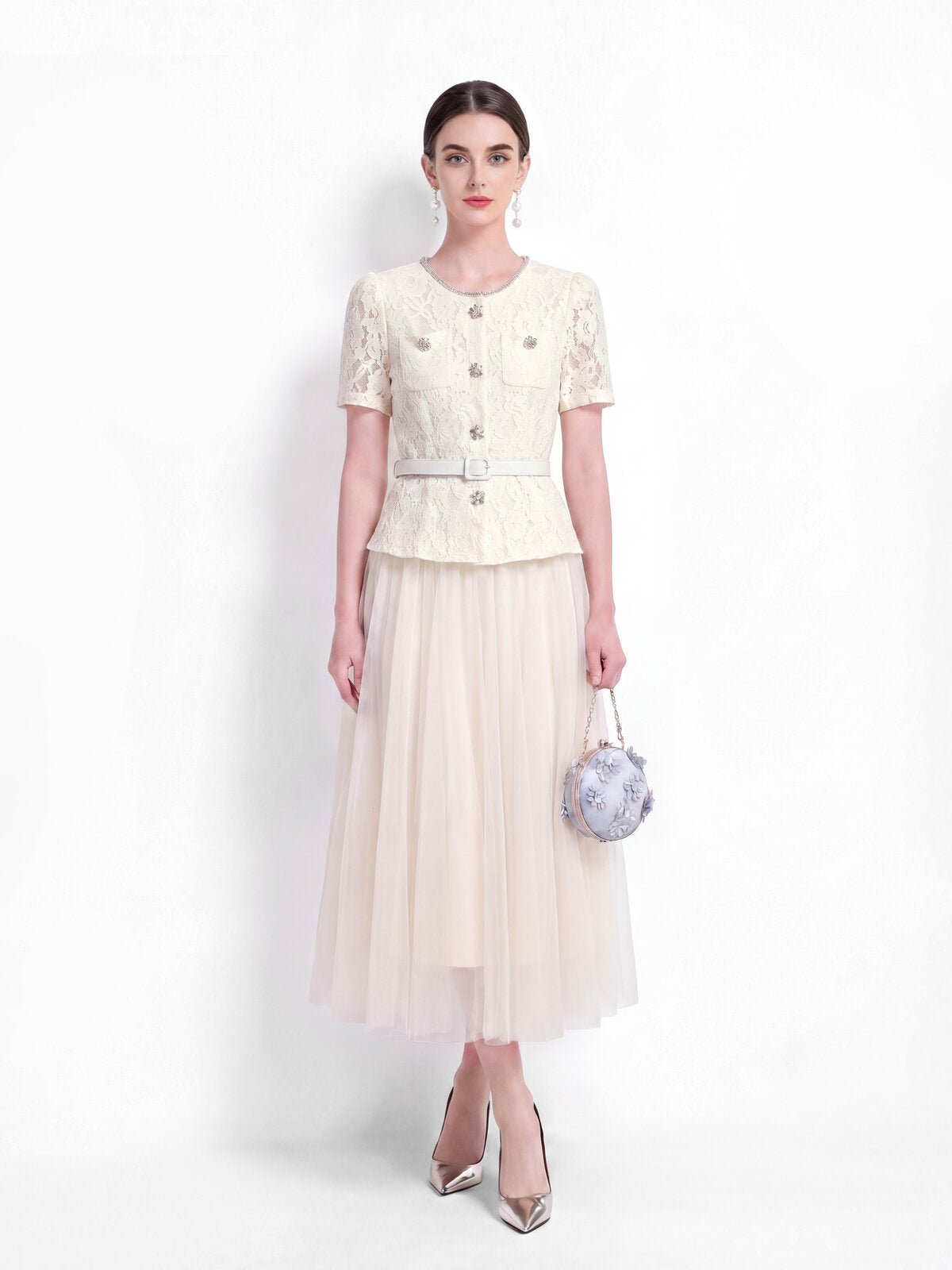 Lace Peplum Tulle Midi Dress