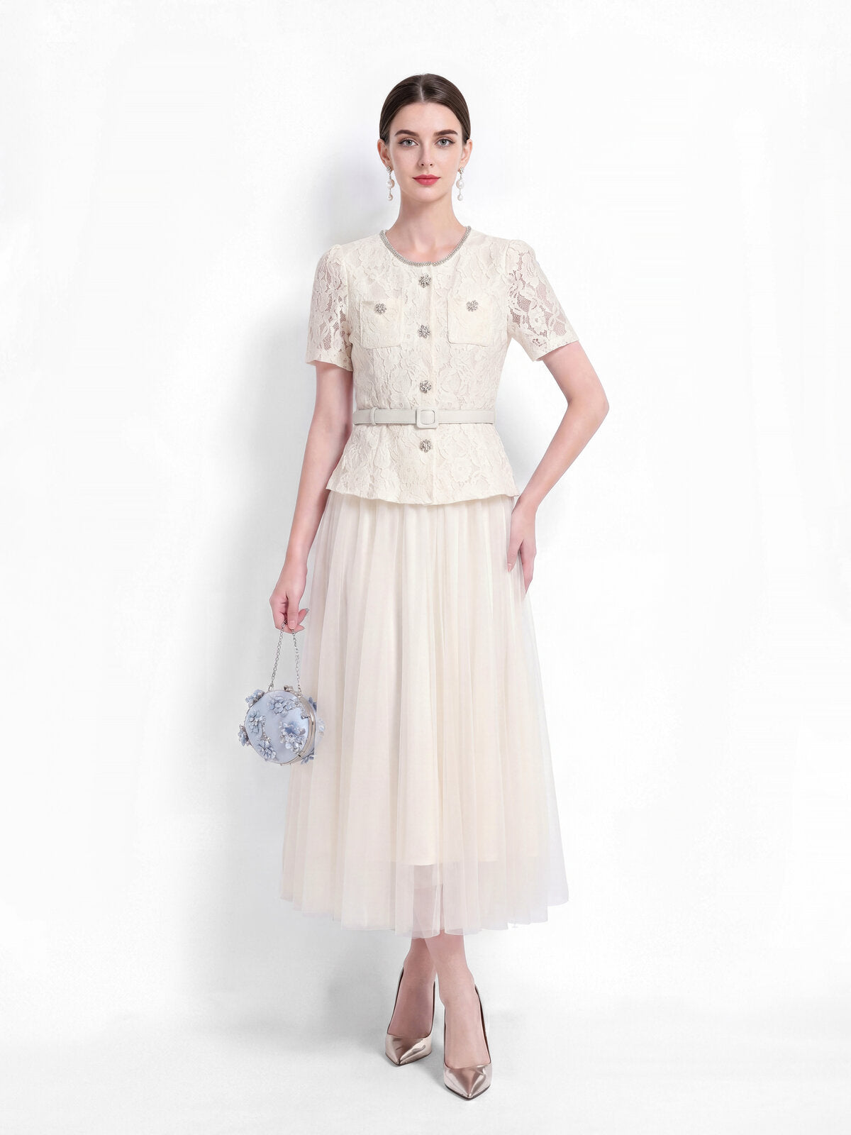 Lace Peplum Tulle Midi Dress