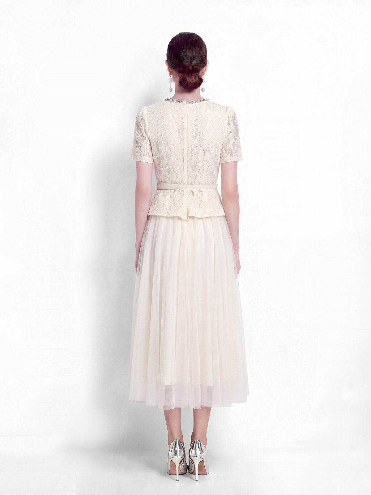 Lace Peplum Tulle Midi Dress
