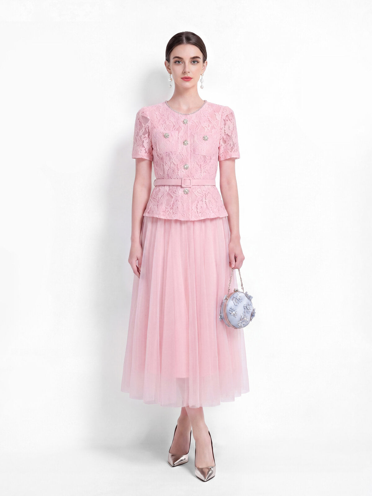 Lace Peplum Tulle Midi Dress