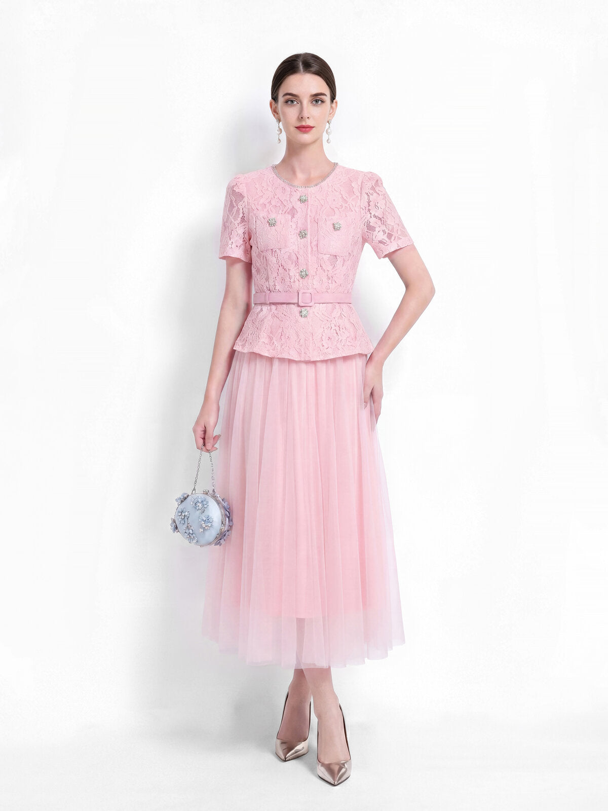 Lace Peplum Tulle Midi Dress