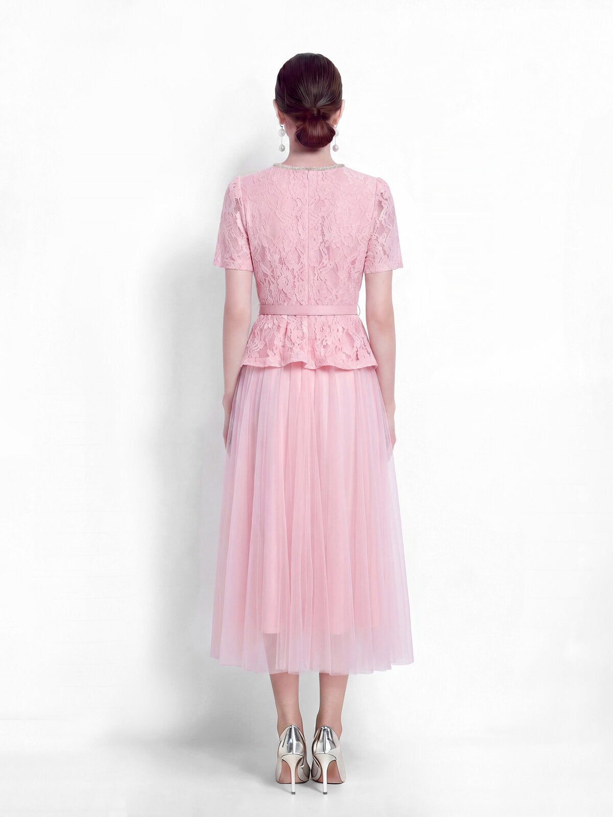 Lace Peplum Tulle Midi Dress