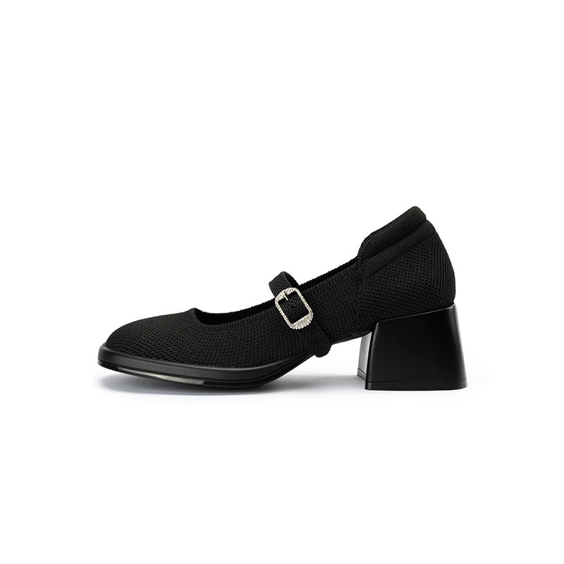 Lafayette Square Toe Mary Jane Pumps – Rhinestone Buckle Block Heel Shoes
