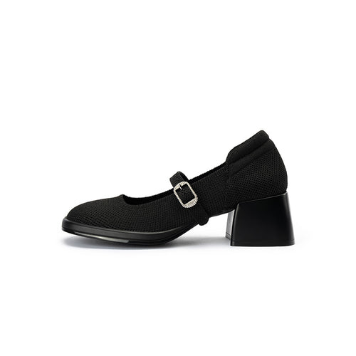 Lafayette Square Toe Mary Jane Pumps – Rhinestone Buckle Block Heel Shoes