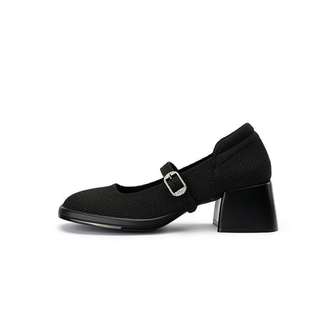 Lafayette Square Toe Mary Jane Pumps – Rhinestone Buckle Block Heel Shoes