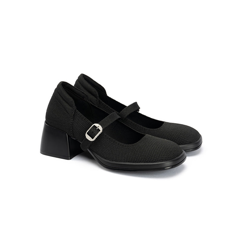 Lafayette Square Toe Mary Jane Pumps – Rhinestone Buckle Block Heel Shoes