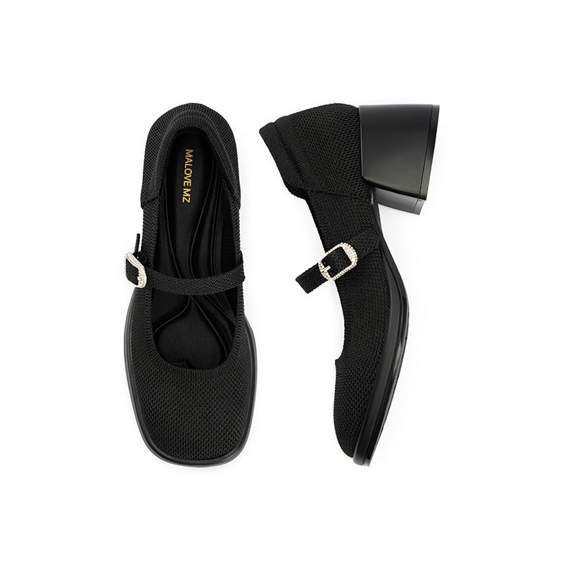 Lafayette Square Toe Mary Jane Pumps – Rhinestone Buckle Block Heel Shoes