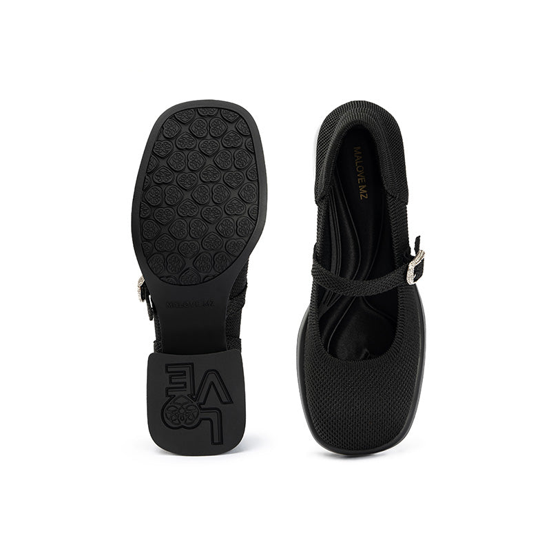 Lafayette Square Toe Mary Jane Pumps – Rhinestone Buckle Block Heel Shoes