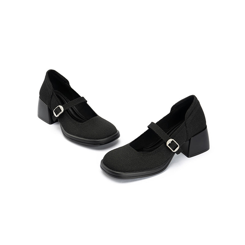 Lafayette Square Toe Mary Jane Pumps – Rhinestone Buckle Block Heel Shoes