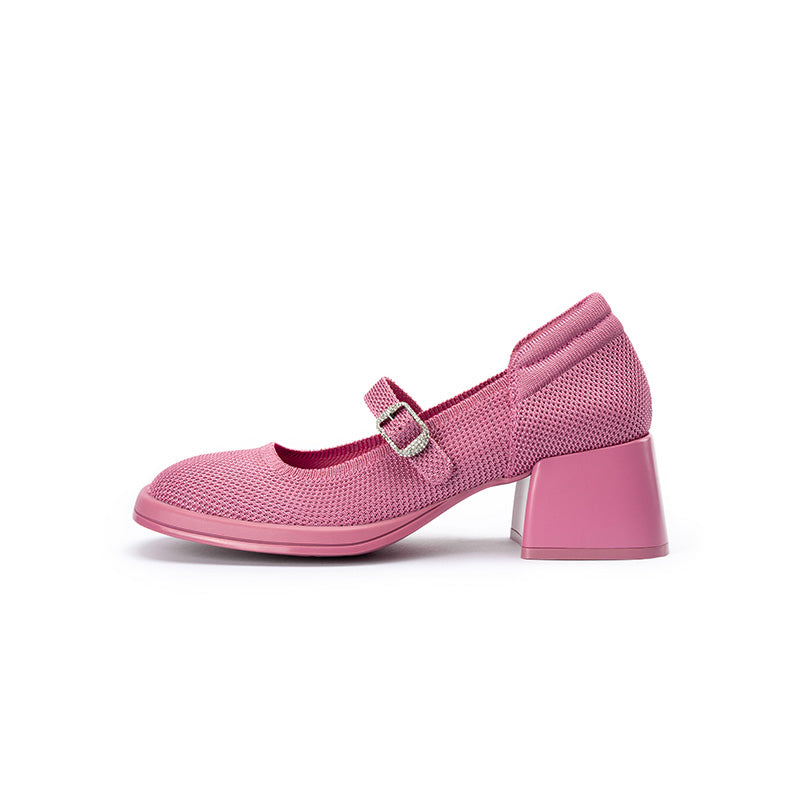 Lafayette Square Toe Mary Jane Pumps – Rhinestone Buckle Block Heel Shoes