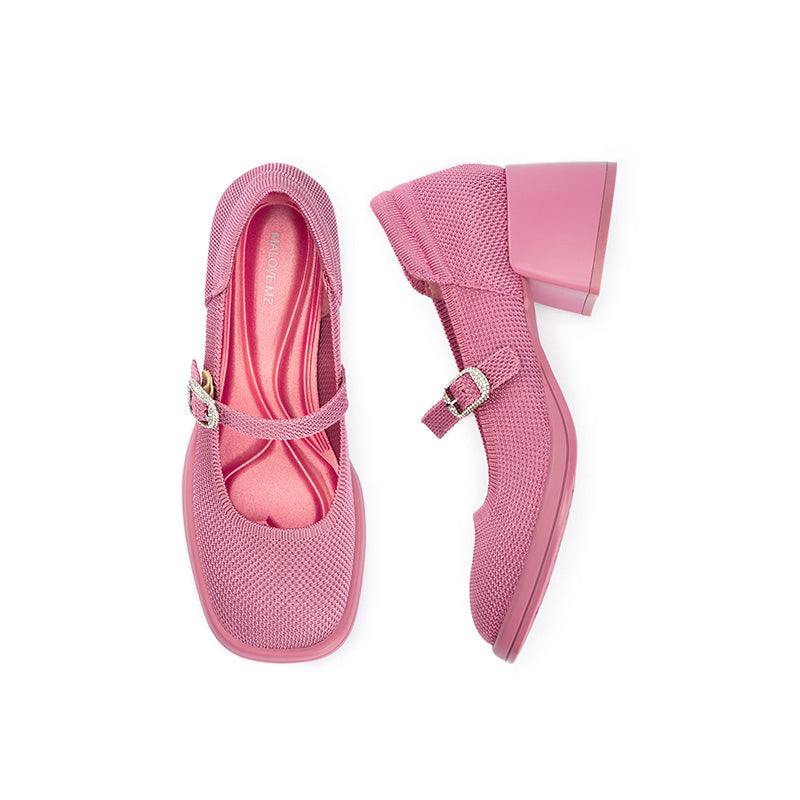 Lafayette Square Toe Mary Jane Pumps – Rhinestone Buckle Block Heel Shoes