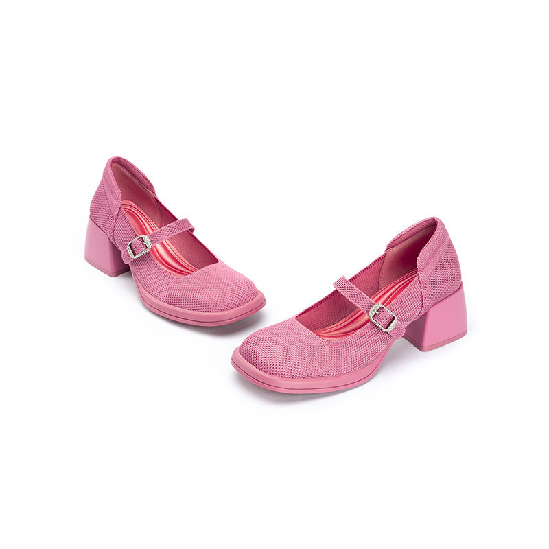 Lafayette Square Toe Mary Jane Pumps – Rhinestone Buckle Block Heel Shoes