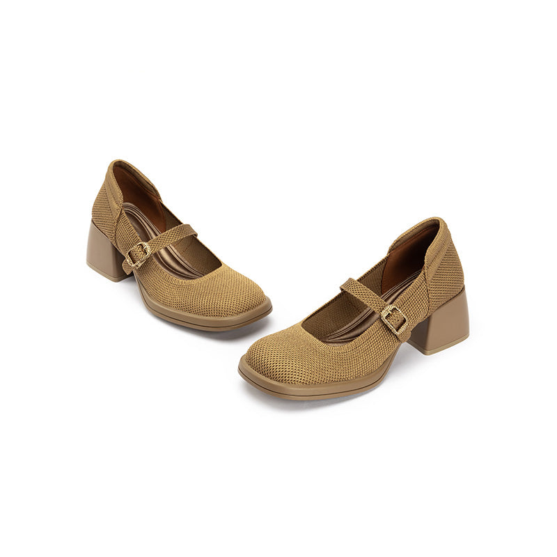 Lafayette Square Toe Mary Jane Pumps – Rhinestone Buckle Block Heel Shoes