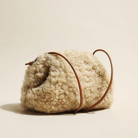 Cream Lambswool Dumpling Shoulder Bag – Fluffy Shearling Crossbody with Adjustable Leather Straps