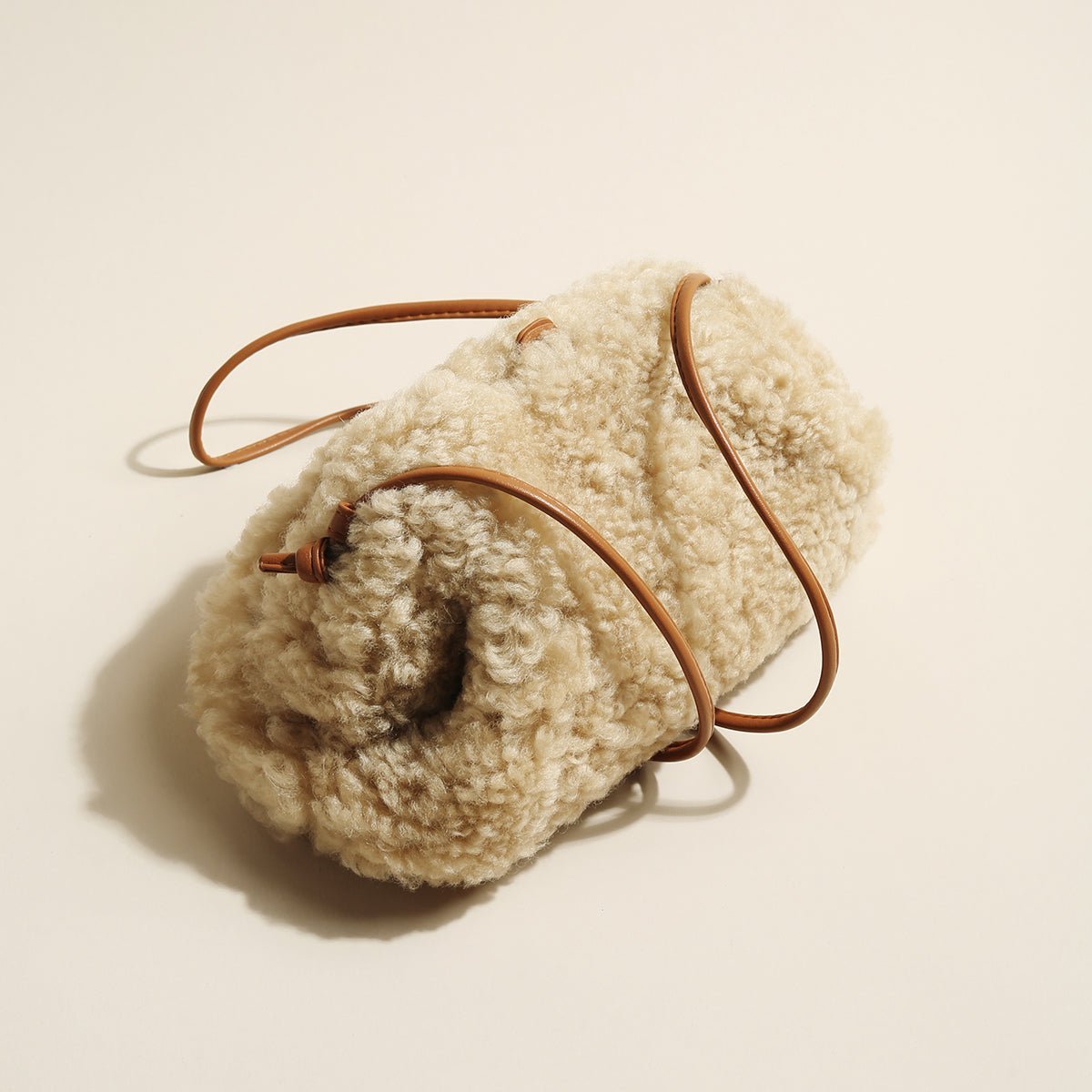 Cream Lambswool Dumpling Shoulder Bag – Fluffy Shearling Crossbody with Adjustable Leather Straps