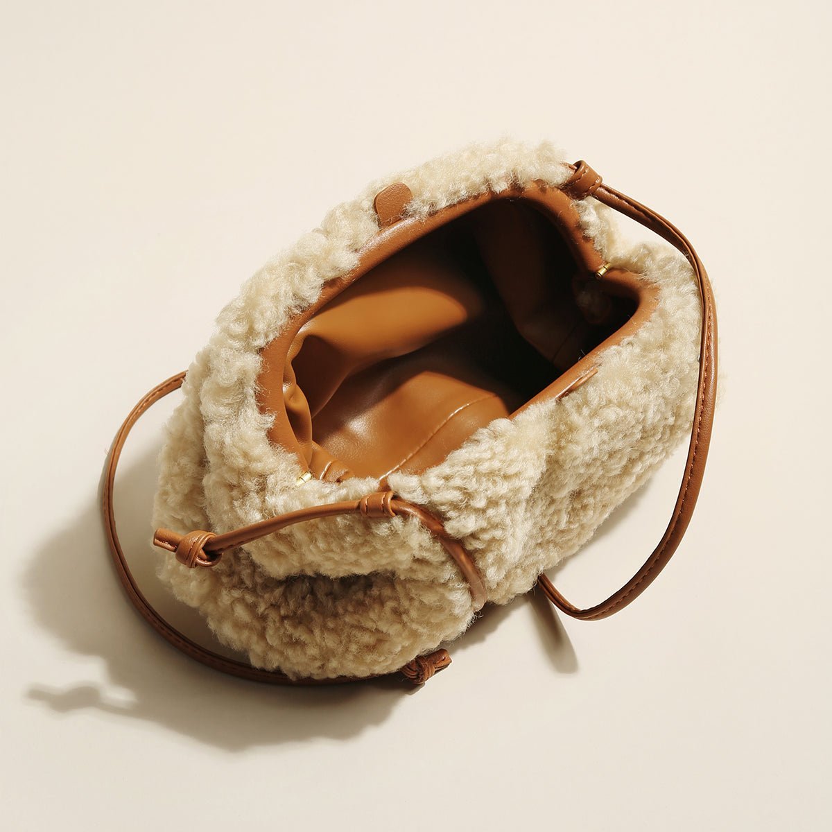 Cream Lambswool Dumpling Shoulder Bag – Fluffy Shearling Crossbody with Adjustable Leather Straps