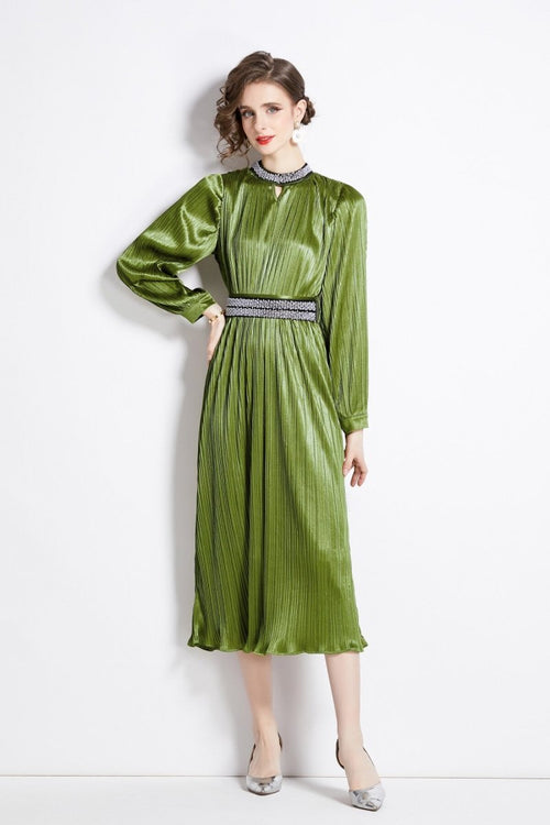 Lantern Sleeve Waist Tie Heavily Beaded Pleated Dress - 0cm