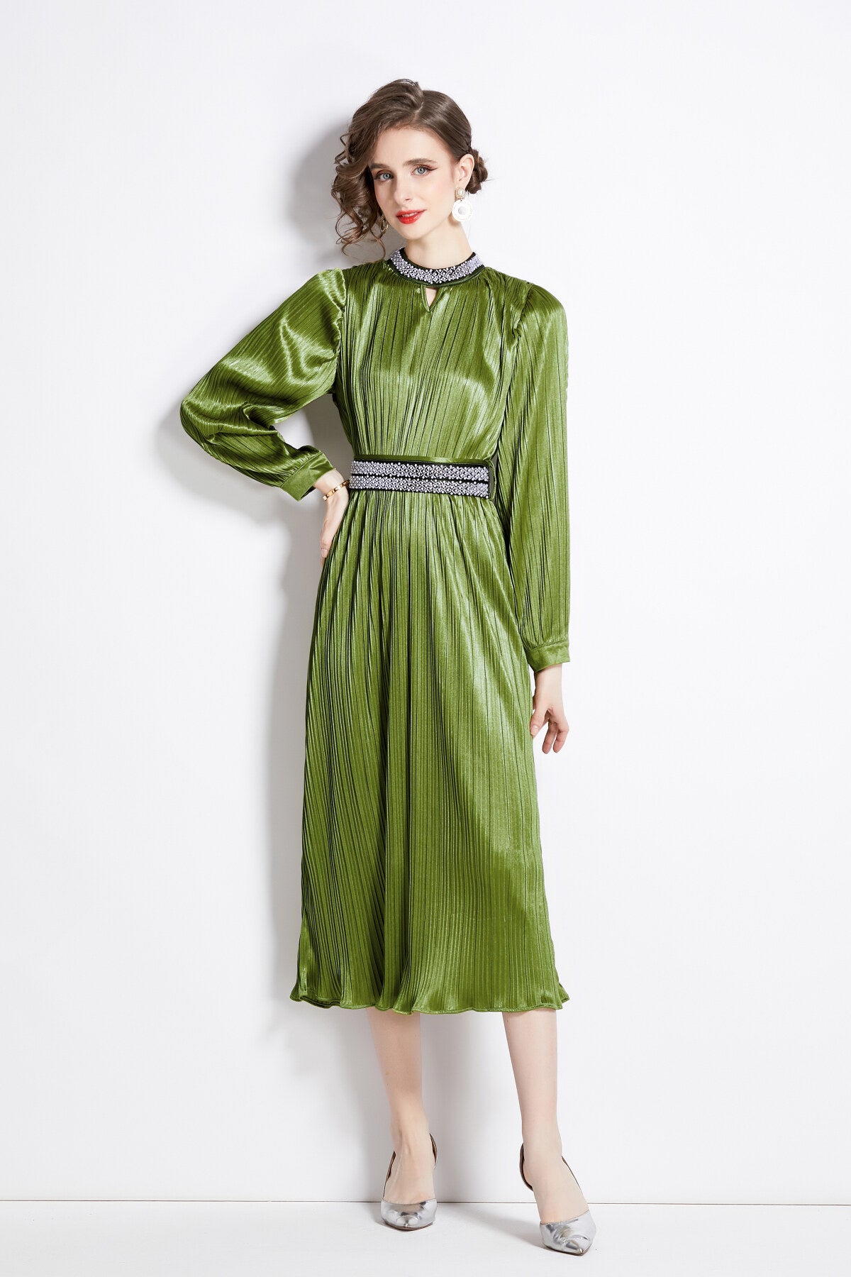 lantern sleeve waist tie heavily beaded pleated dress all green 1