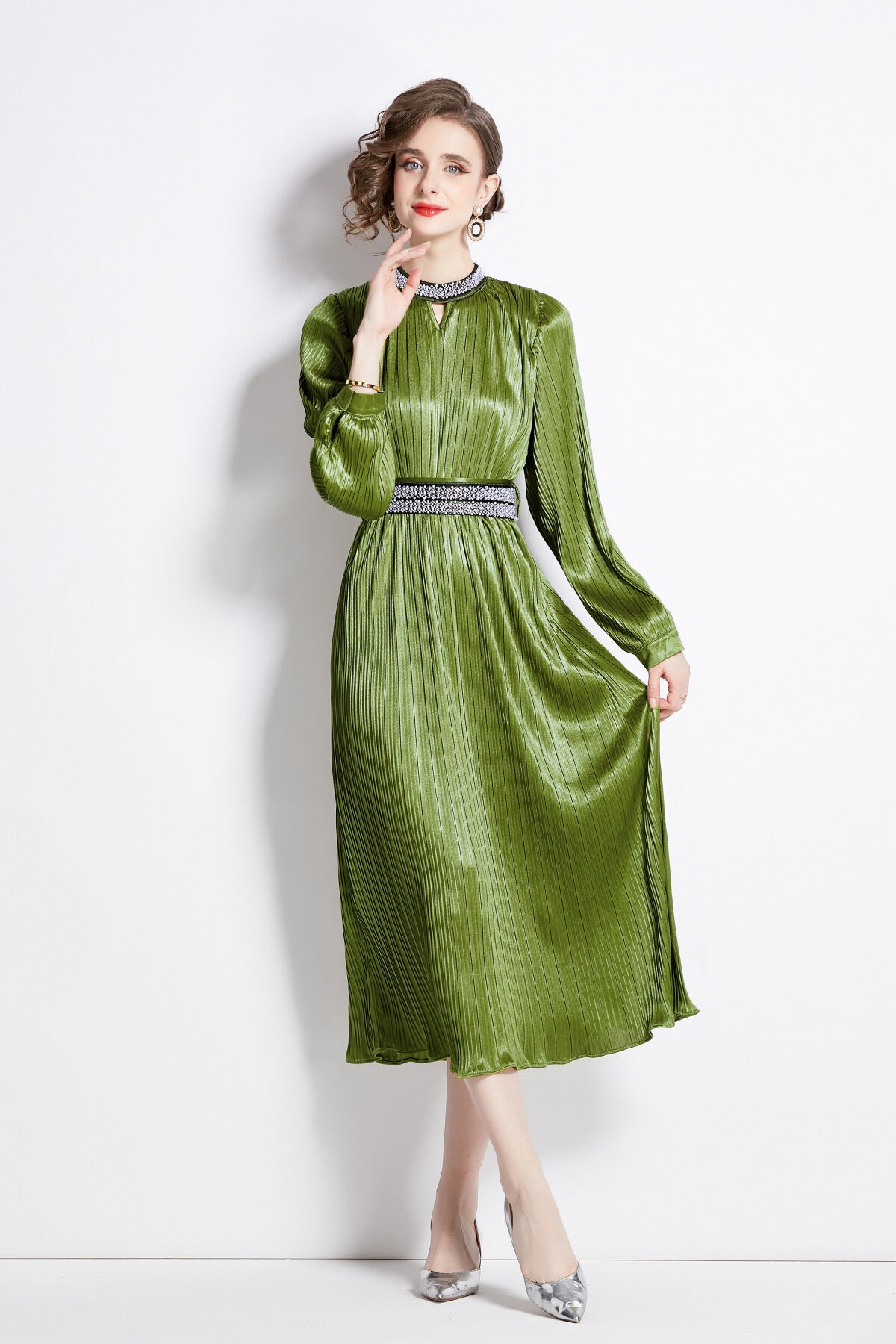 lantern sleeve waist tie heavily beaded pleated dress all green 2