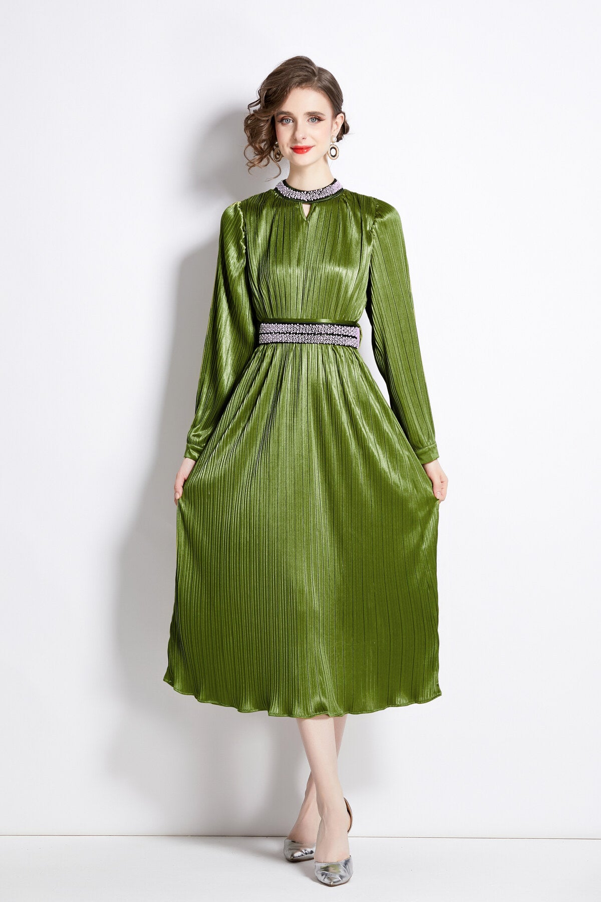 lantern sleeve waist tie heavily beaded pleated dress all green 3