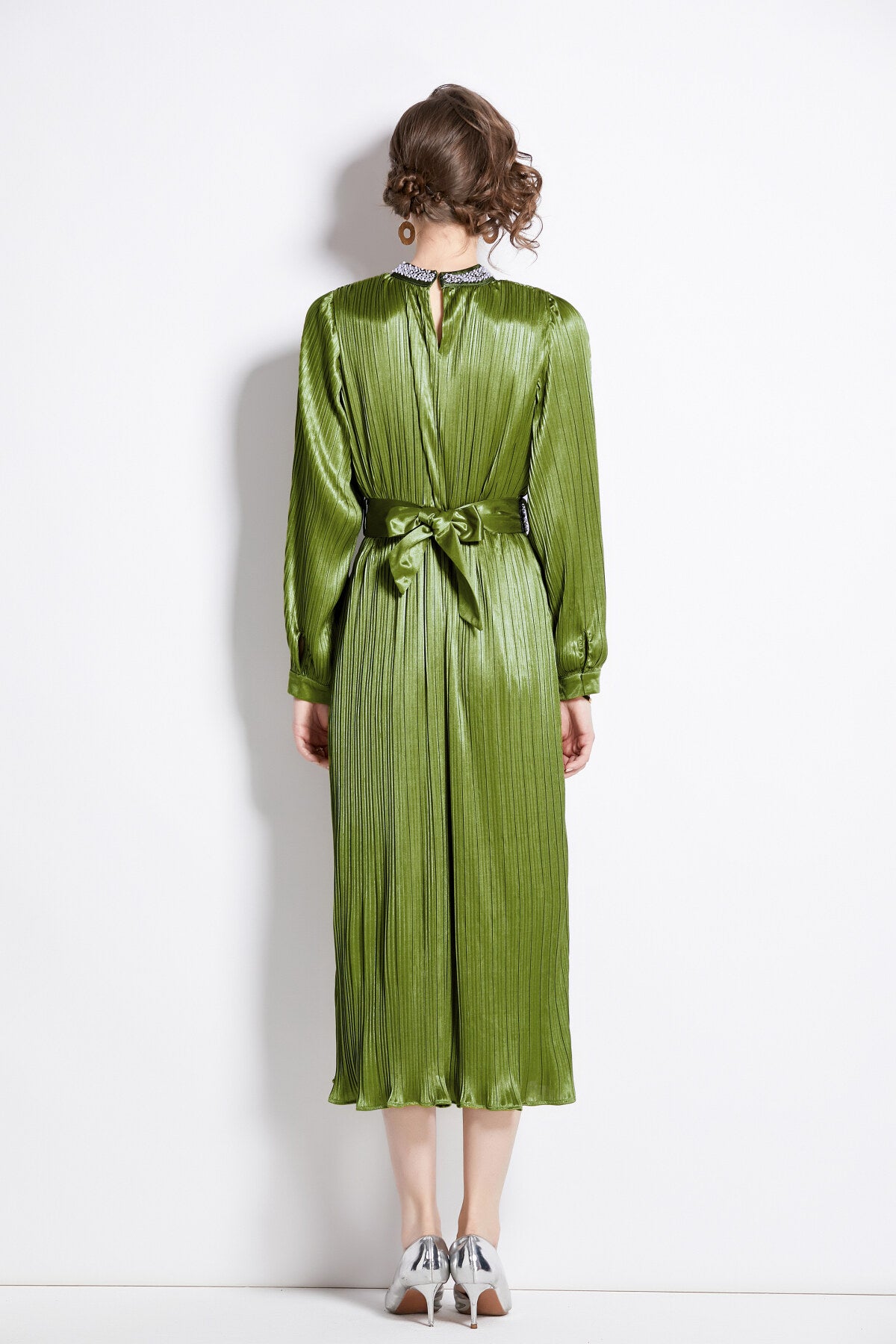 lantern sleeve waist tie heavily beaded pleated dress all green 4