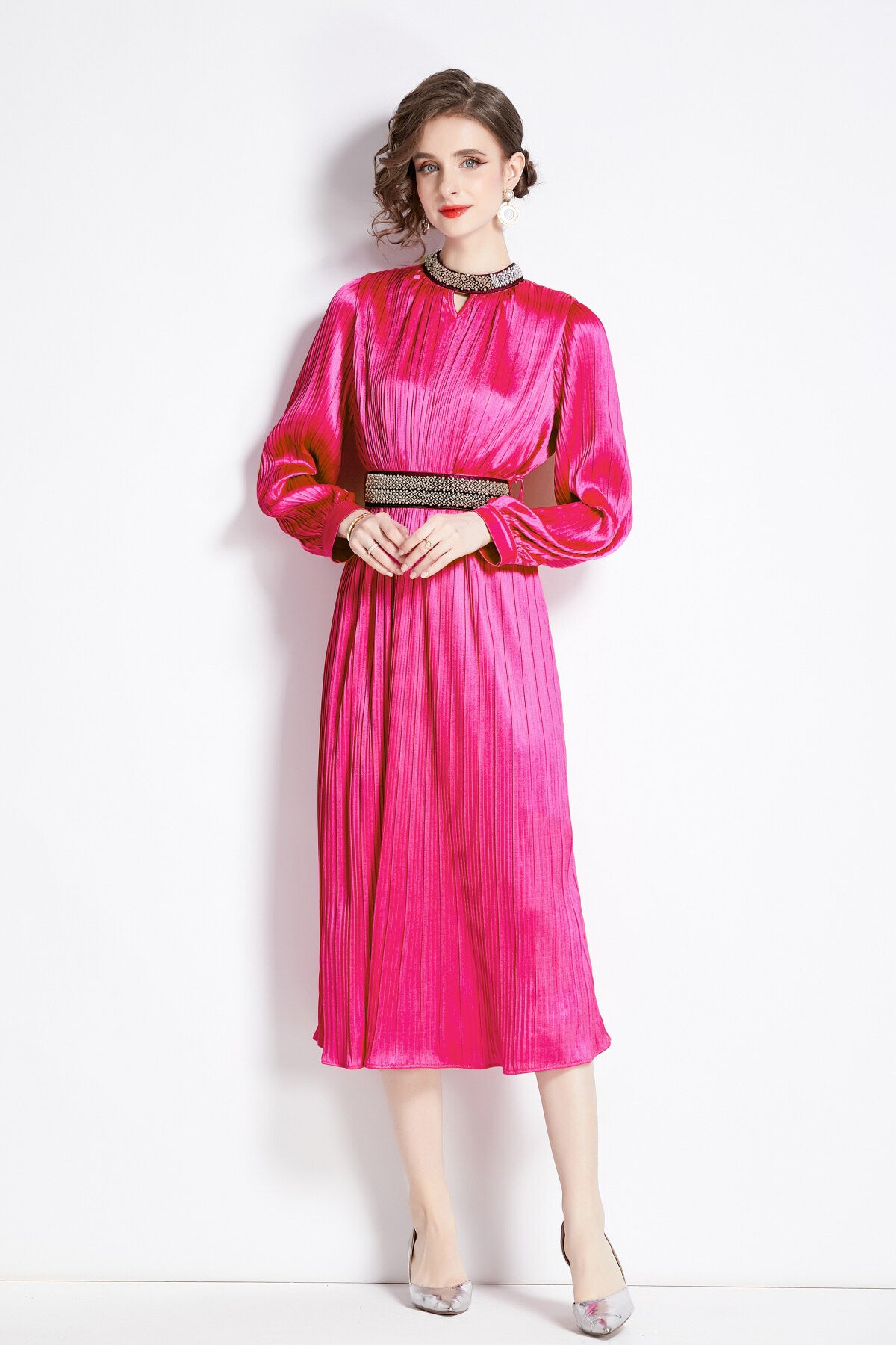 lantern sleeve waist tie heavily beaded pleated dress all rose 2