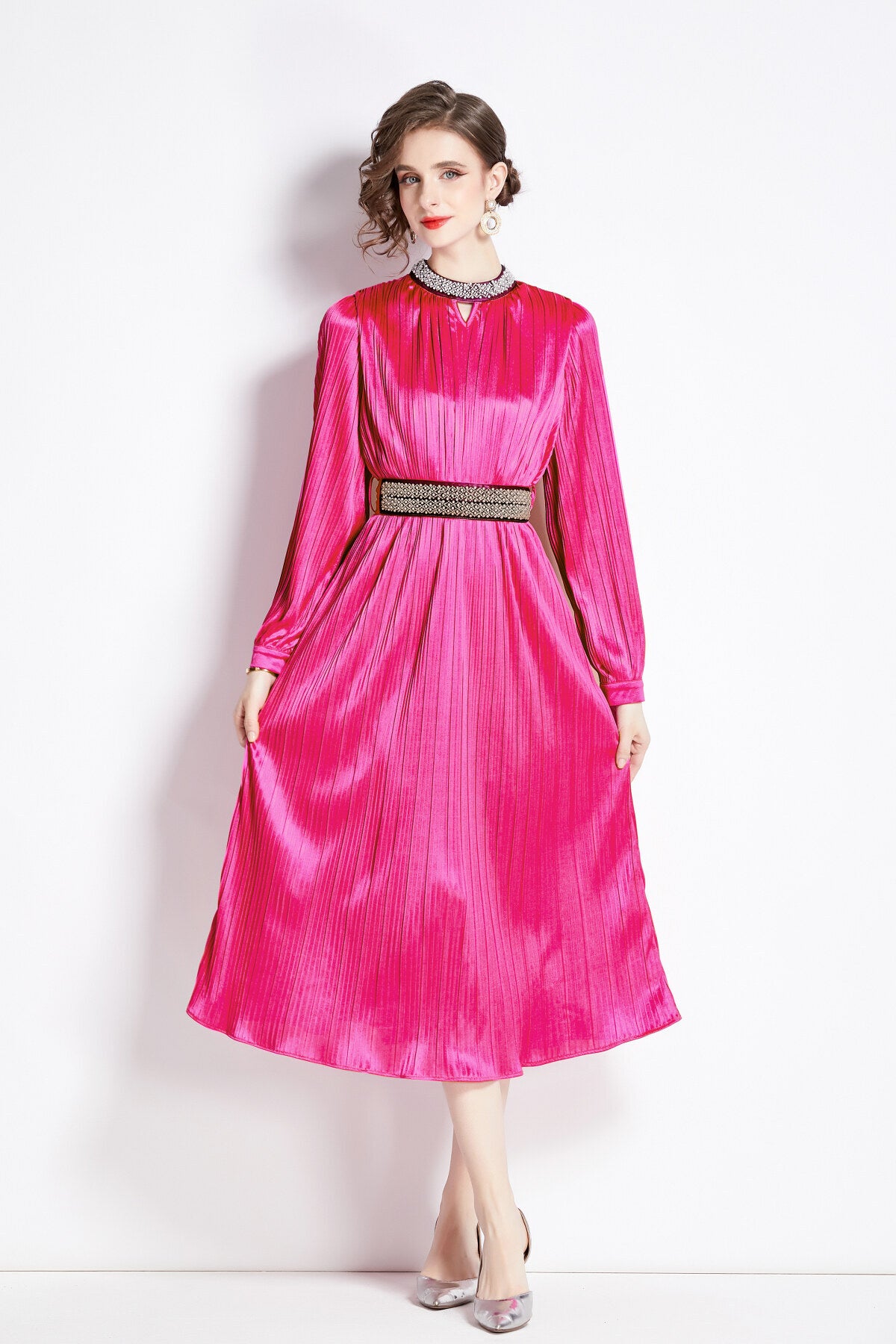 lantern sleeve waist tie heavily beaded pleated dress all rose 3