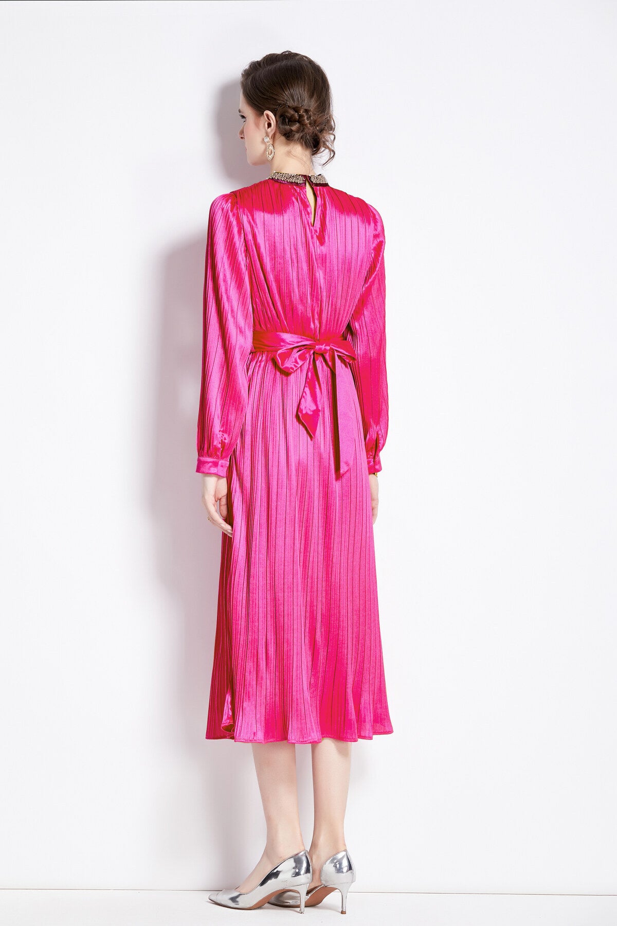 lantern sleeve waist tie heavily beaded pleated dress all rose 4