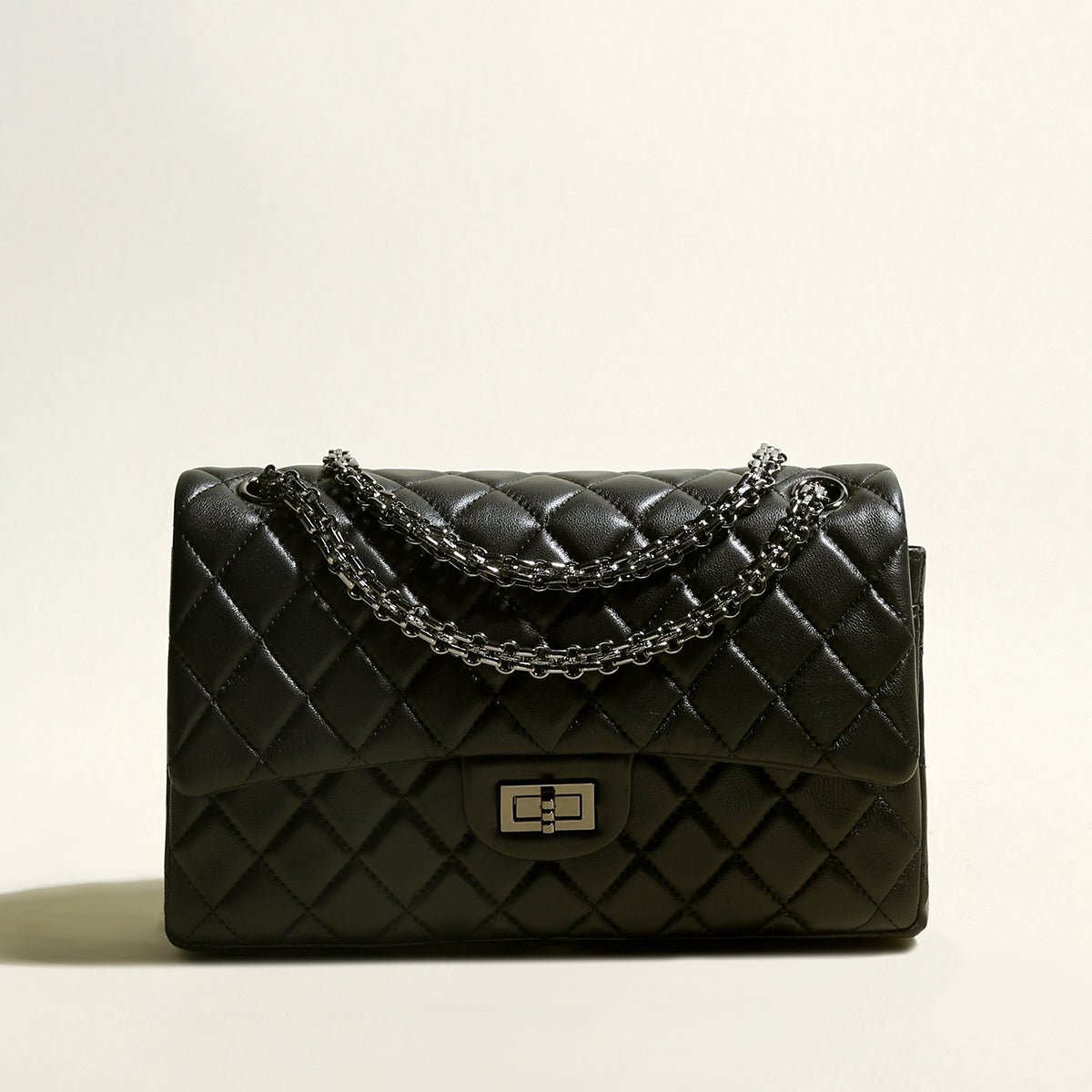 Large Black Quilted Lambskin Leather Flap Shoulder Bag – Diamond Quilted Chain Strap Crossbody