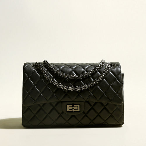 Large Black Quilted Lambskin Leather Flap Shoulder Bag – Diamond Quilted Chain Strap Crossbody