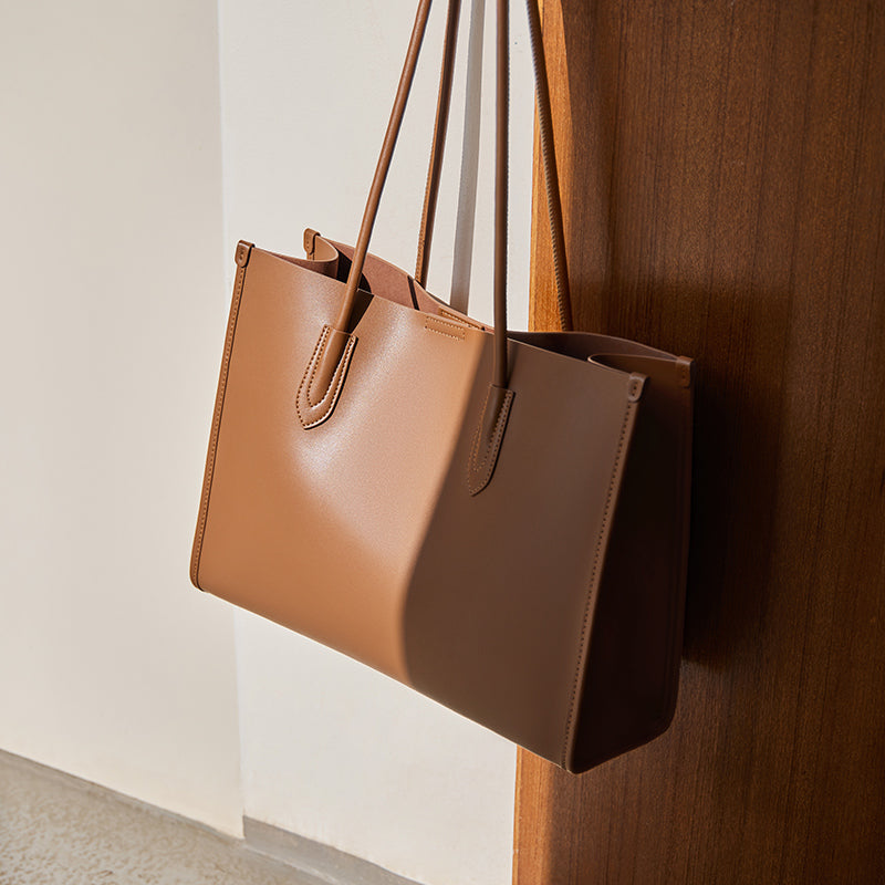 large capacity leather commuter tote bag brown 2