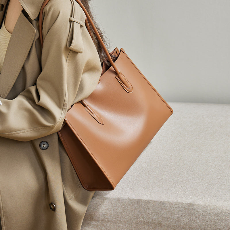 large capacity leather commuter tote bag brown 6