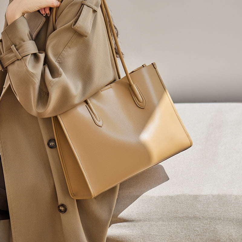 large capacity leather commuter tote bag tan 11