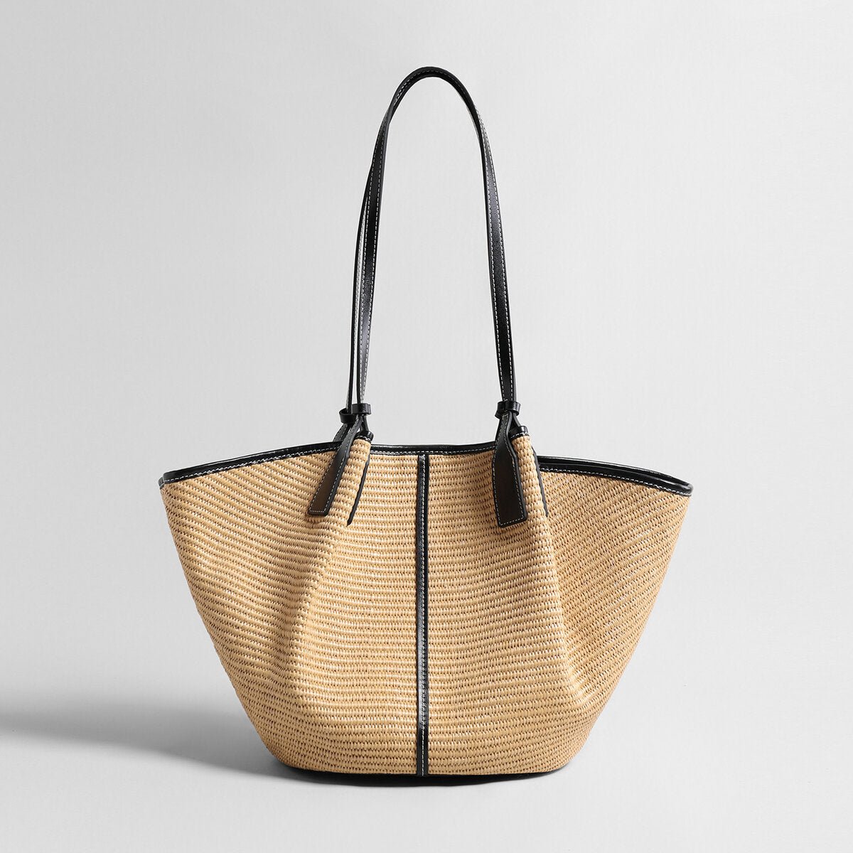 Large Paneled Woven Straw Tote Bag – Marte Grass Leather Trim Oversized Shoulder Tote