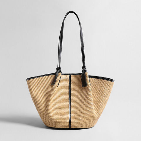 Large Paneled Woven Straw Tote Bag – Marte Grass Leather Trim Oversized Shoulder Tote