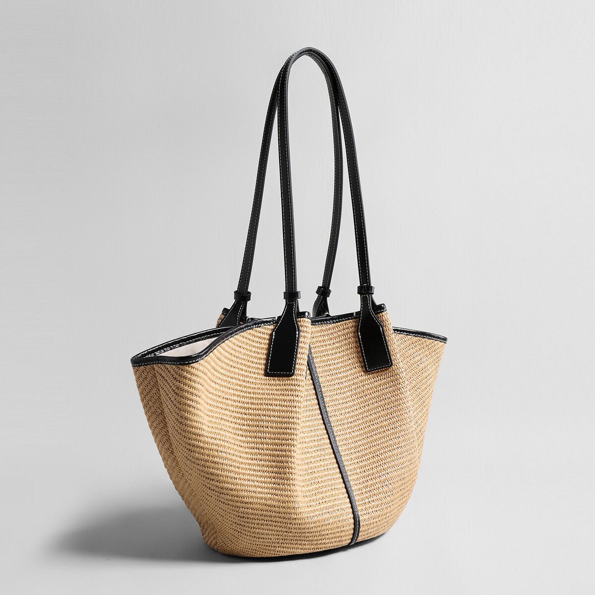 Large Paneled Woven Straw Tote Bag – Marte Grass Leather Trim Oversized Shoulder Tote