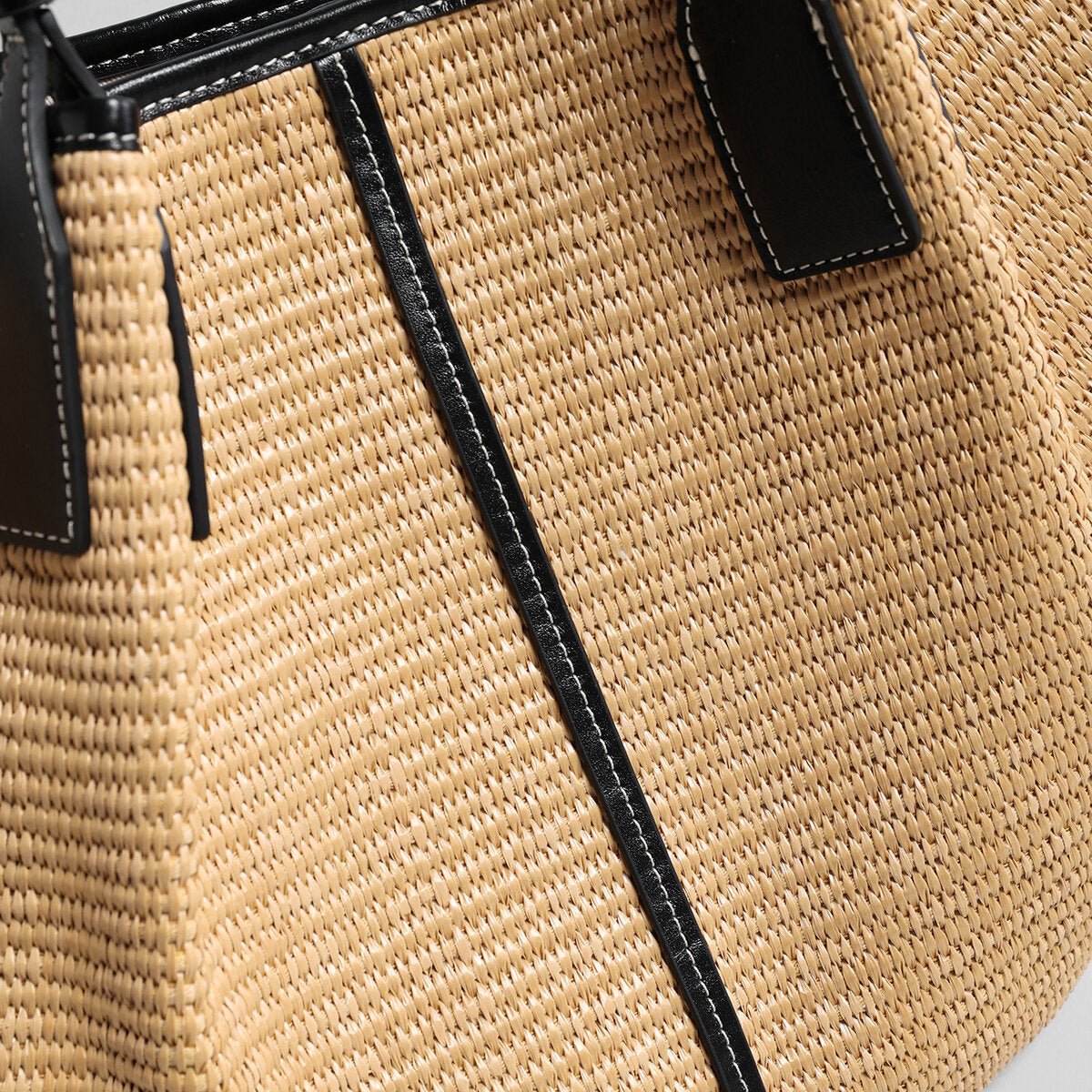 Large Paneled Woven Straw Tote Bag – Marte Grass Leather Trim Oversized Shoulder Tote