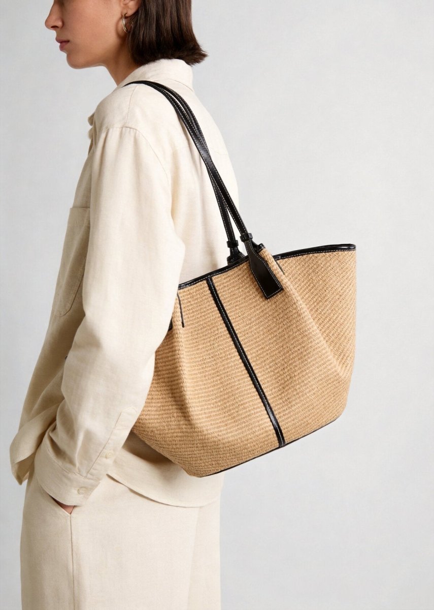 Large Paneled Woven Straw Tote Bag – Marte Grass Leather Trim Oversized Shoulder Tote