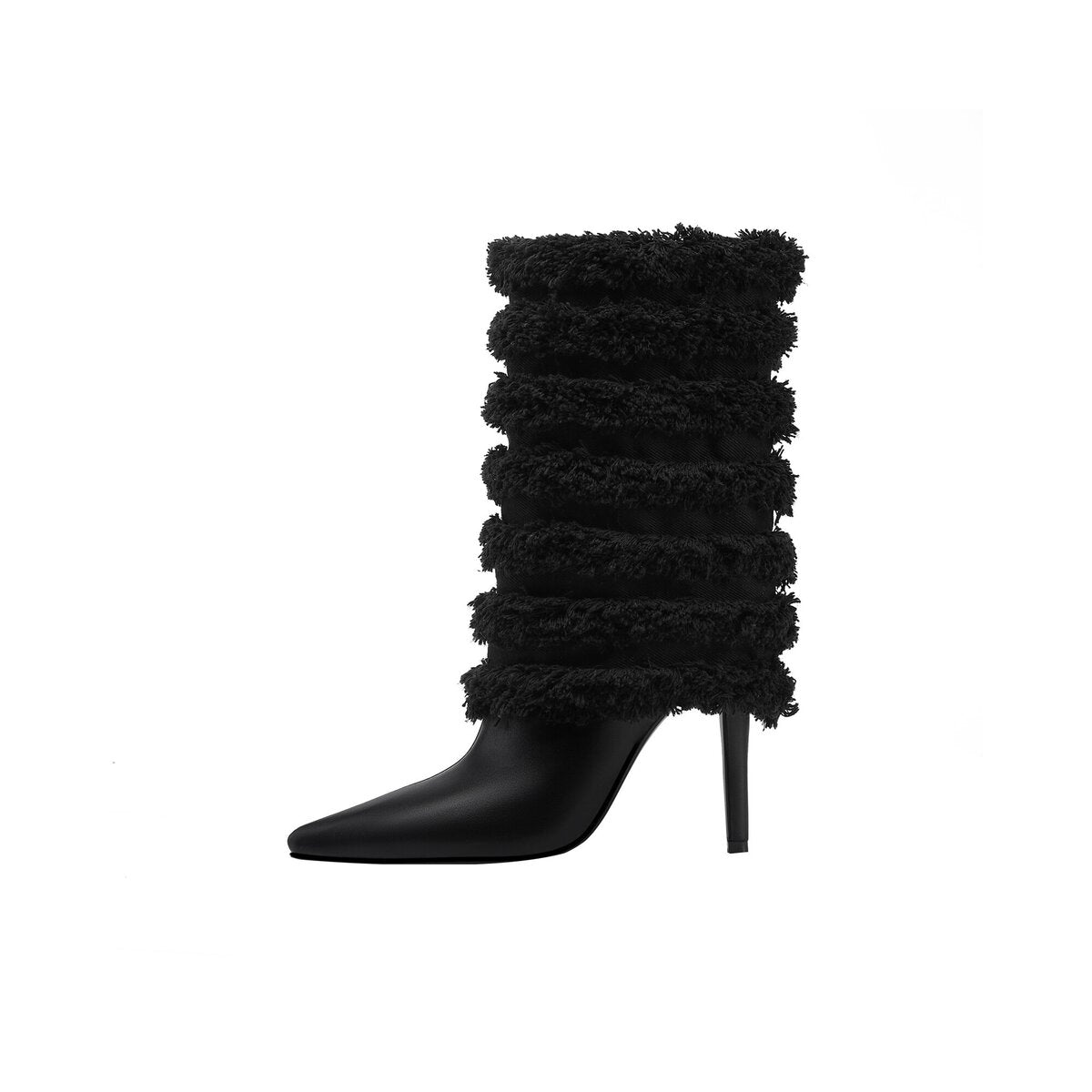 Layered Fringe Denim Leather Pointed Toe Mid Calf Boots