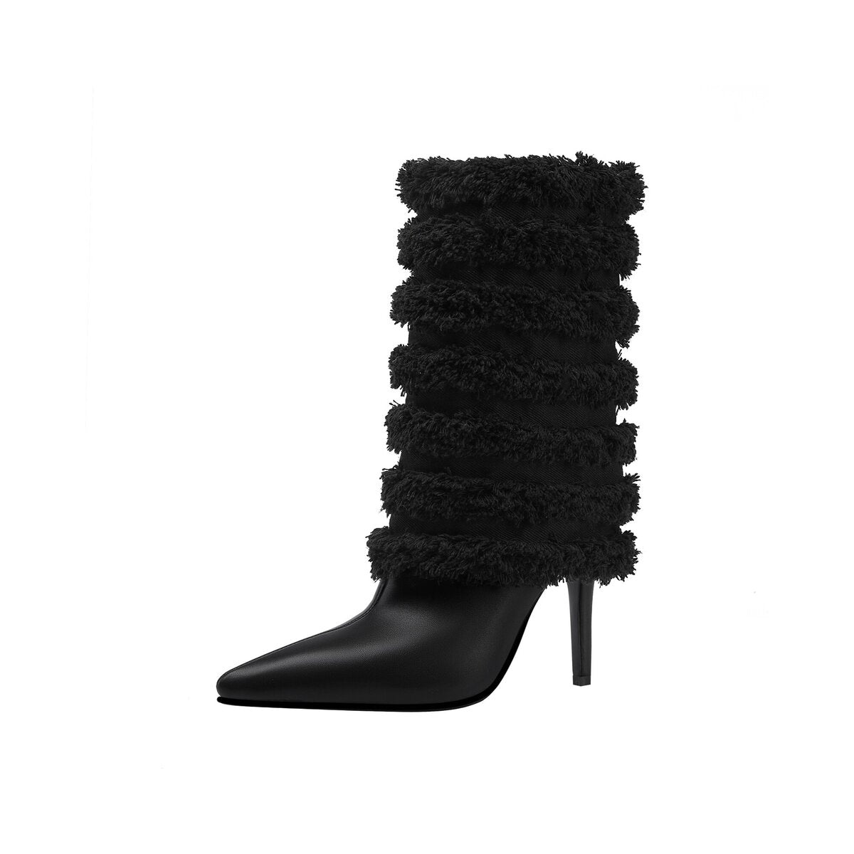 Layered Fringe Denim Leather Pointed Toe Mid Calf Boots