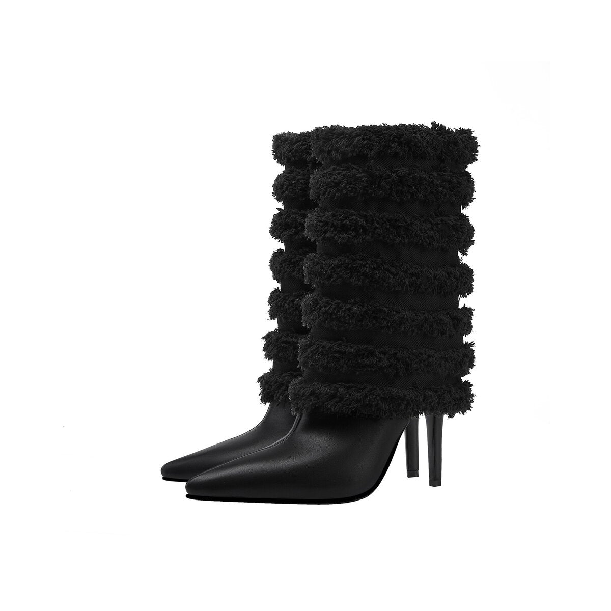 Layered Fringe Denim Leather Pointed Toe Mid Calf Boots