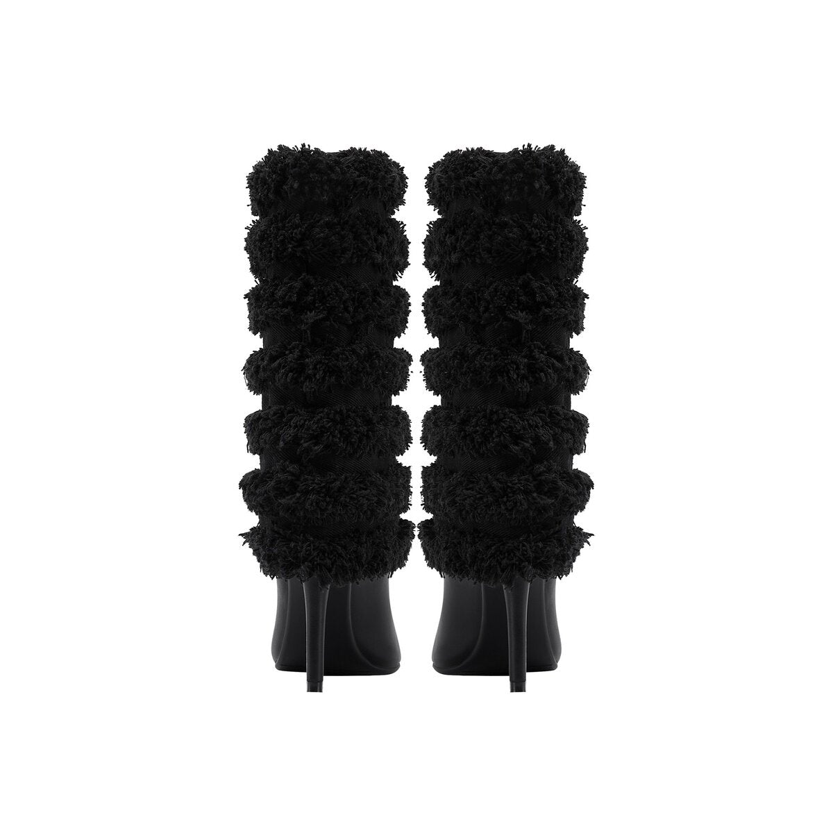 Layered Fringe Denim Leather Pointed Toe Mid Calf Boots
